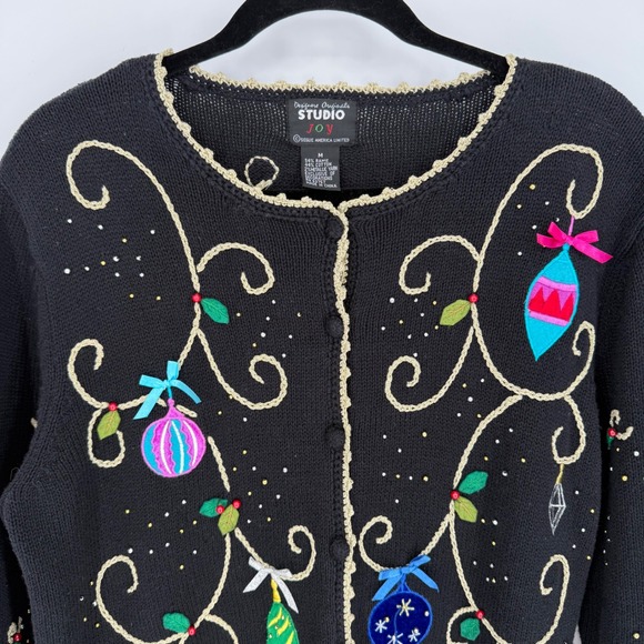 Designs Originals Studio Joy VTG Embroidered Christmas Sweater Cardigan MEDIUM - Picture 2 of 8